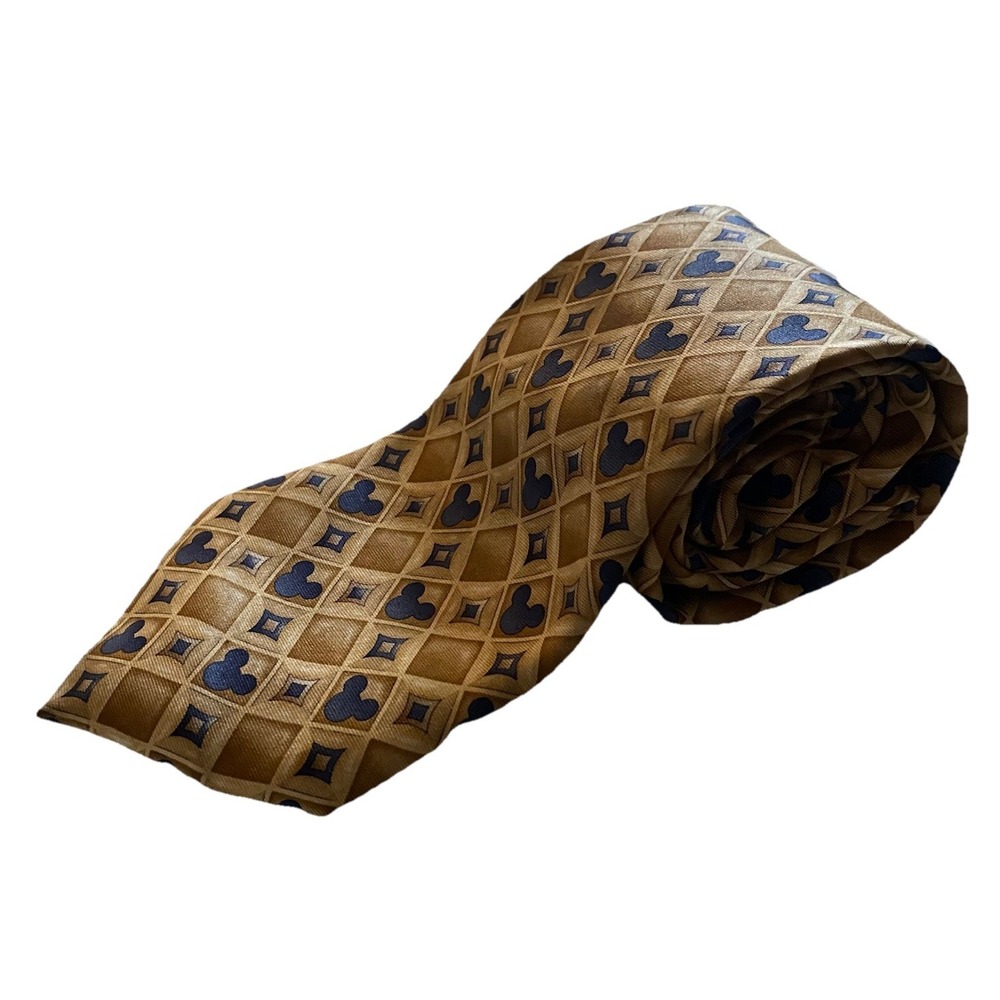 Walt Disney World Gold&Blue Mickey Mouse Heads 100% Silk Neck Tie 58", 3.75" EUC